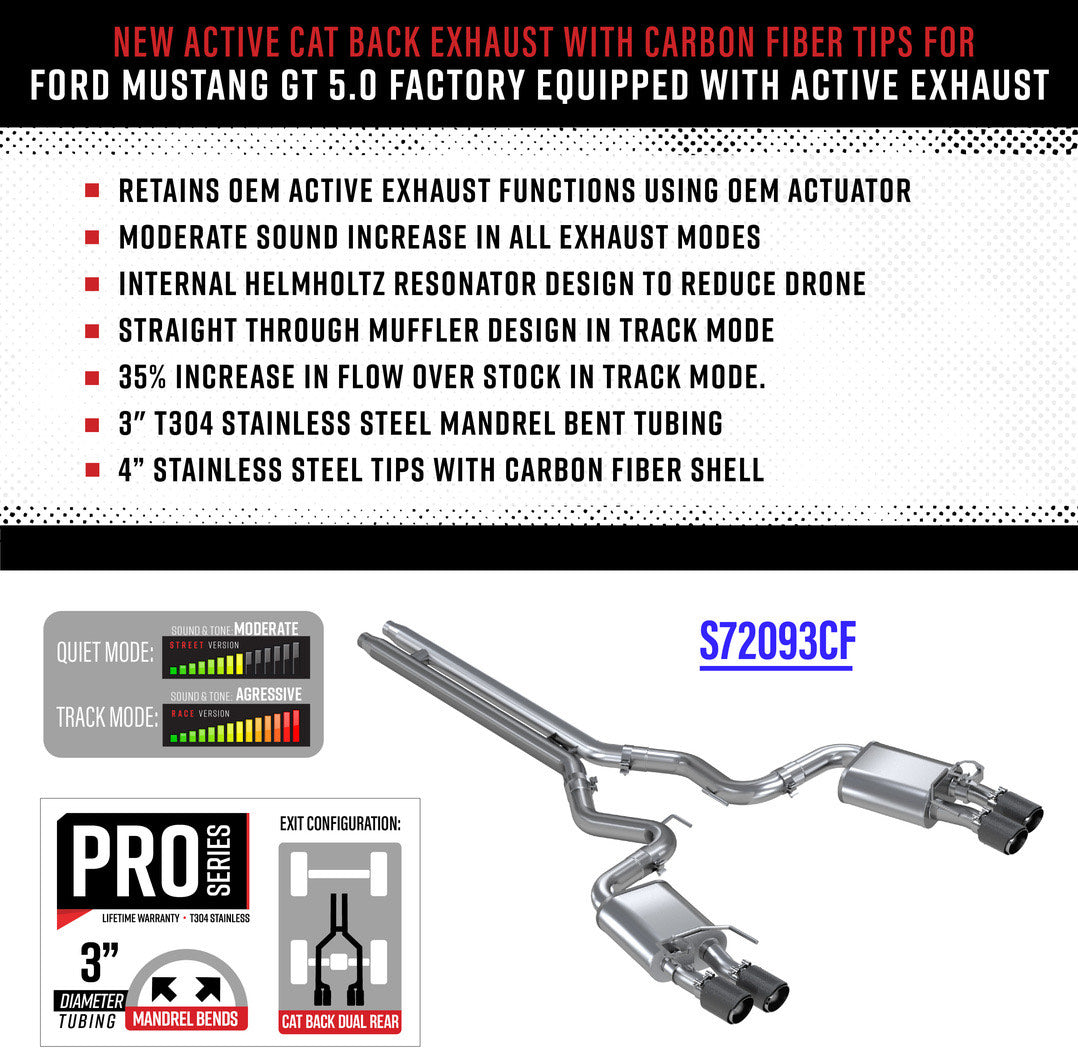 MBRP Ford Mustang GT 5.0L 2018 - 2023, 3" Cat Back, Dual Quad Split Rear Exit, Active Exhaust, T304 w/ Carbon Fiber Tips