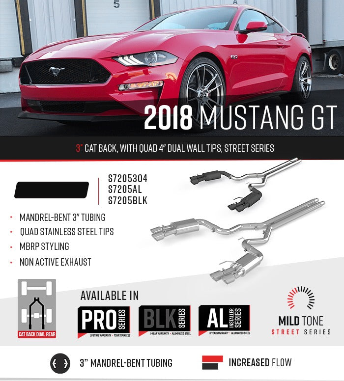 MBRP Ford Mustang GT 5.0L 2018 - 2023, 3" Cat Back, with Quad 4" Dual Wall Tips, Street Version, AL