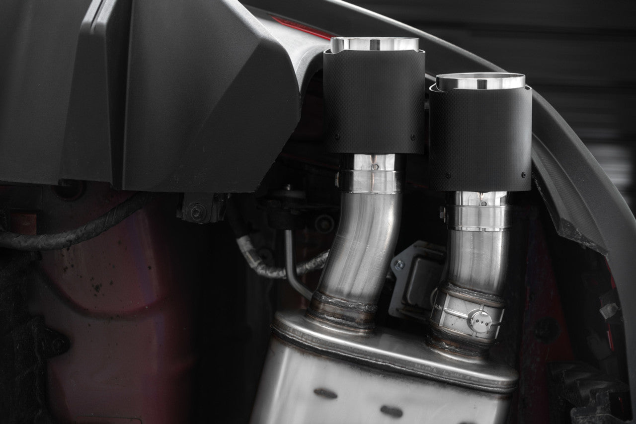 MBRP Ford Mustang GT 5.0L 2018 - 2023, 3" Cat Back, Dual Quad Split Rear Exit, Active Exhaust, T304 w/ Carbon Fiber Tips