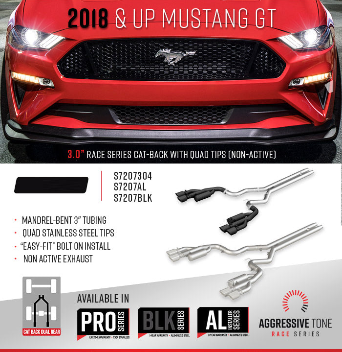 MBRP Ford Mustang GT 5.0L 2018 - 2023, 3" Cat Back, with Quad 4" Dual Wall Tips, Race Version, T304