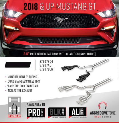 MBRP Ford Mustang GT 5.0L 2018 - 2023, 3" Cat Back, with Quad 4" Dual Wall Tips, Race Version, T304