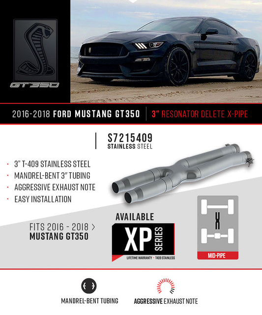 MBRP Ford Mustang GT350 2015 - 2020, 3" Resonator Delete X-Pipe, T409
